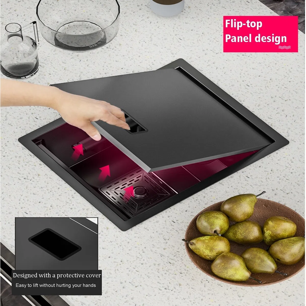 Lavello sottopiano nero – Rubinetto pieghevole – Con coperchio – Lavello singolo in acciaio inossidabile, ideale per cucine, camper e banconi da bar (2, 45 * 38 * 22cm)