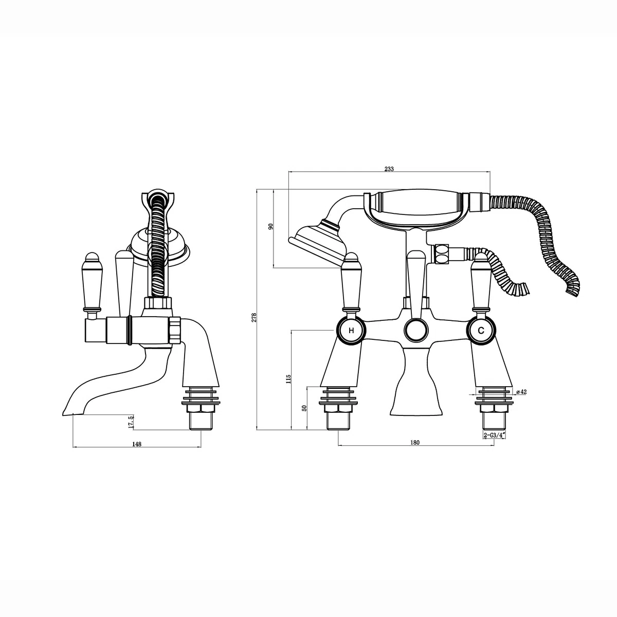 ENKI, Downton, BT0508 - Miscelatore per vasca da bagno e doccia, con leve in ceramica bianca, cromato