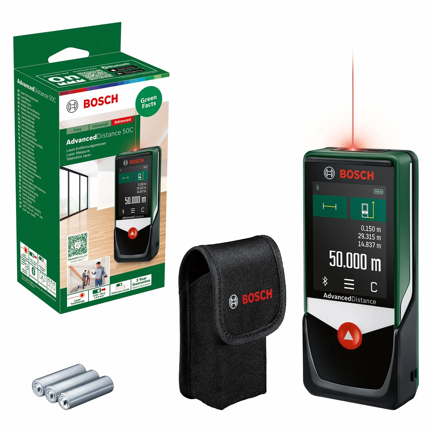 Bosch AdvancedDistance 50C distanziometro laser (misura distanze con precisione fino a 50 m, display touch, funzioni di misurazione con assistenza integrata, in cartone)