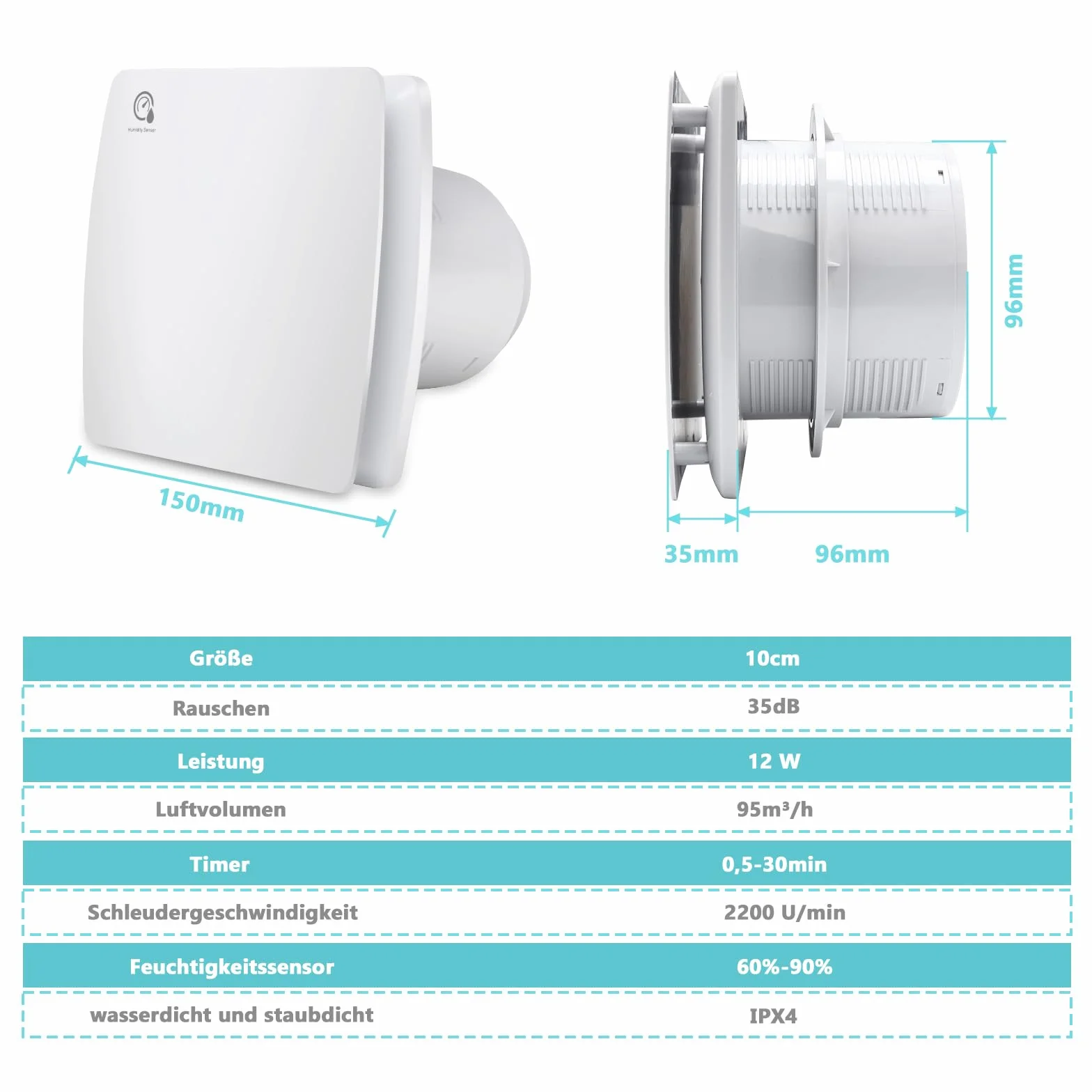Randaco Confezione da 2 ventilatori da bagno 100 mm con sensore di umidità - Ventilatore estrattore d'aria regolabile con timer - Ventilatore murale silenzioso per bagno, servizi igienici
