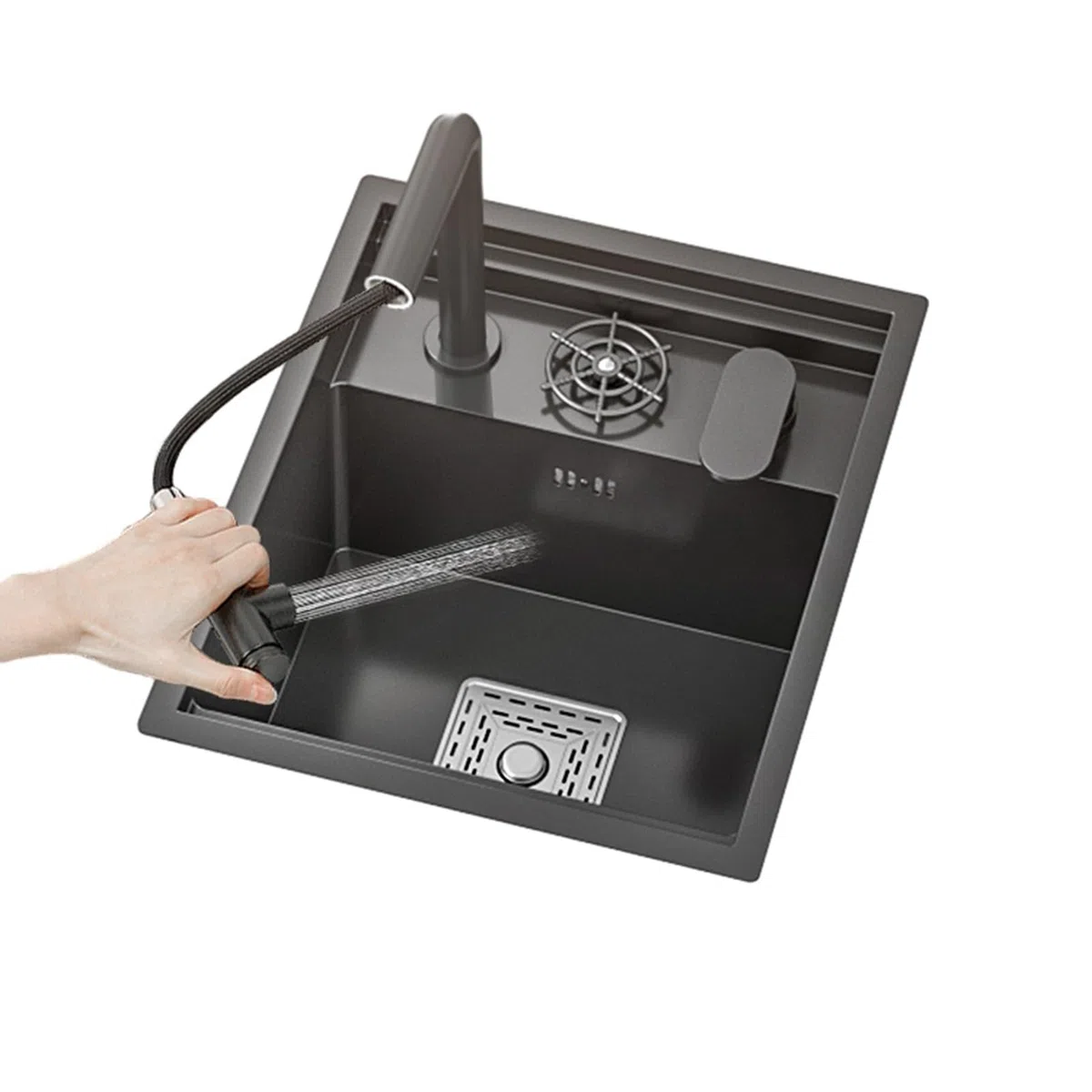 Lavello sottopiano nero – Rubinetto pieghevole – Con coperchio – Lavello singolo in acciaio inossidabile, ideale per cucine, camper e banconi da bar (2, 45 * 38 * 22cm)