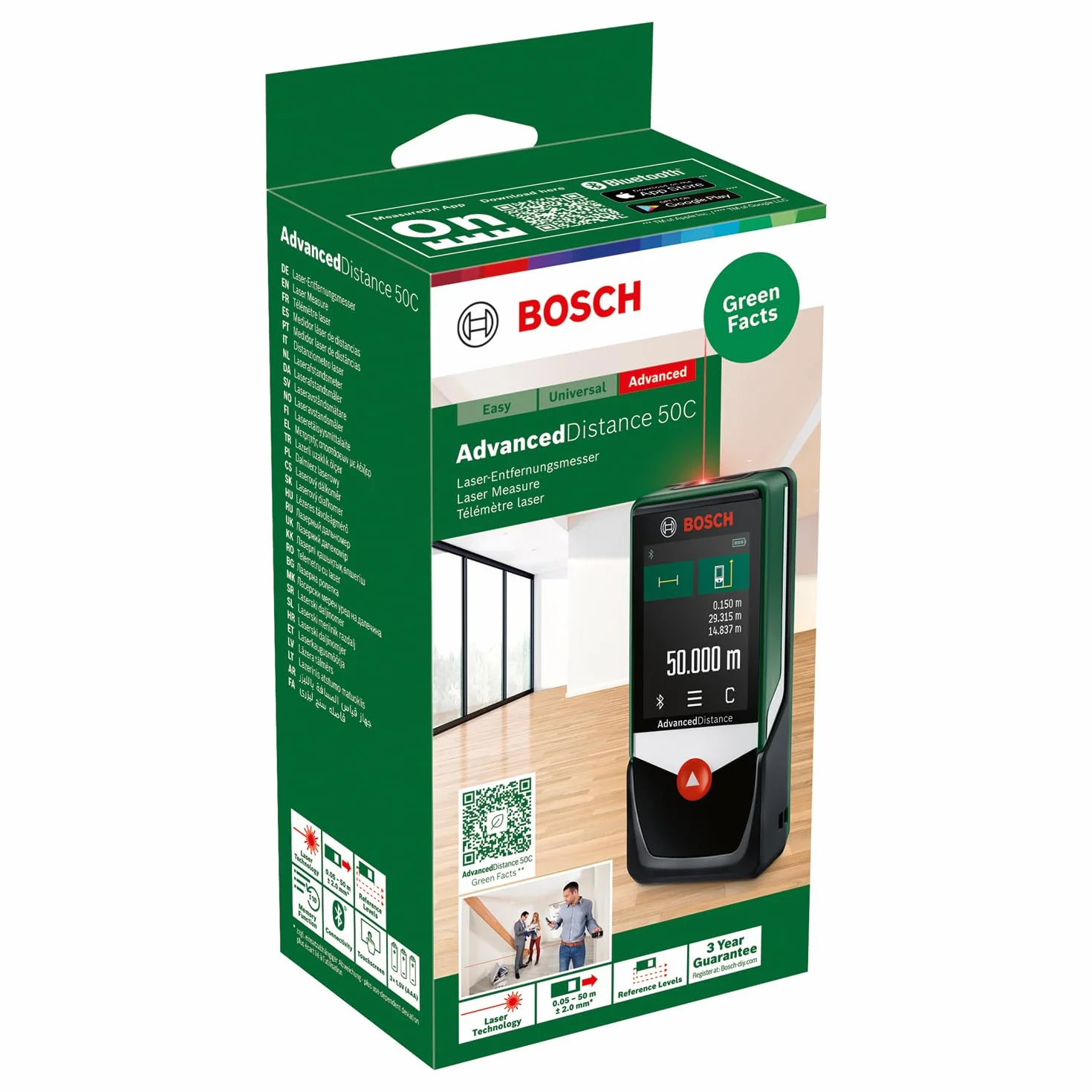 Bosch AdvancedDistance 50C distanziometro laser (misura distanze con precisione fino a 50 m, display touch, funzioni di misurazione con assistenza integrata, in cartone)