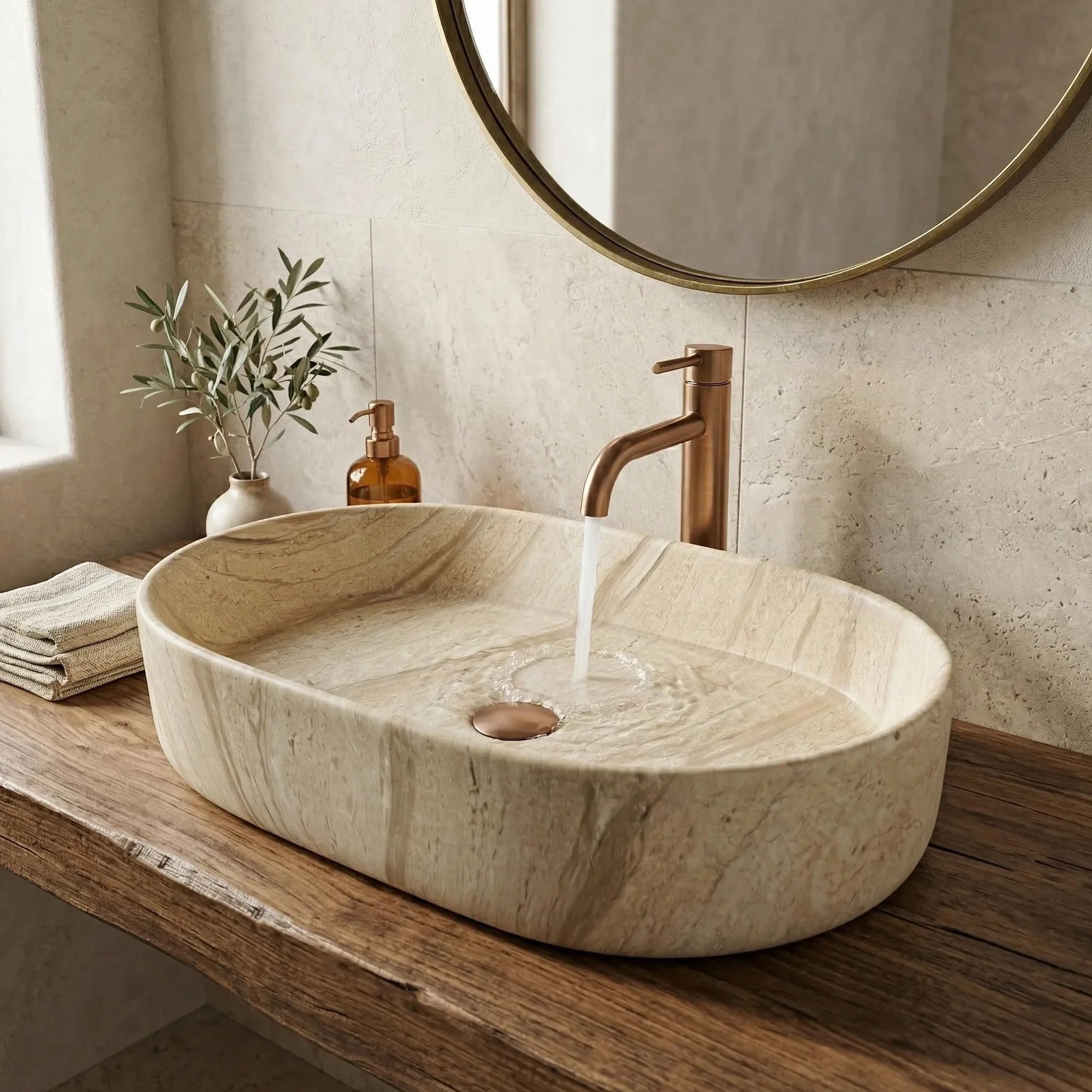 Rea - Lavabo da appoggio Nadia 60 Ovale - Ceramiche Sanitarie - Beige, Pietra Artificiale - 61 x 38,5 x 12 cm