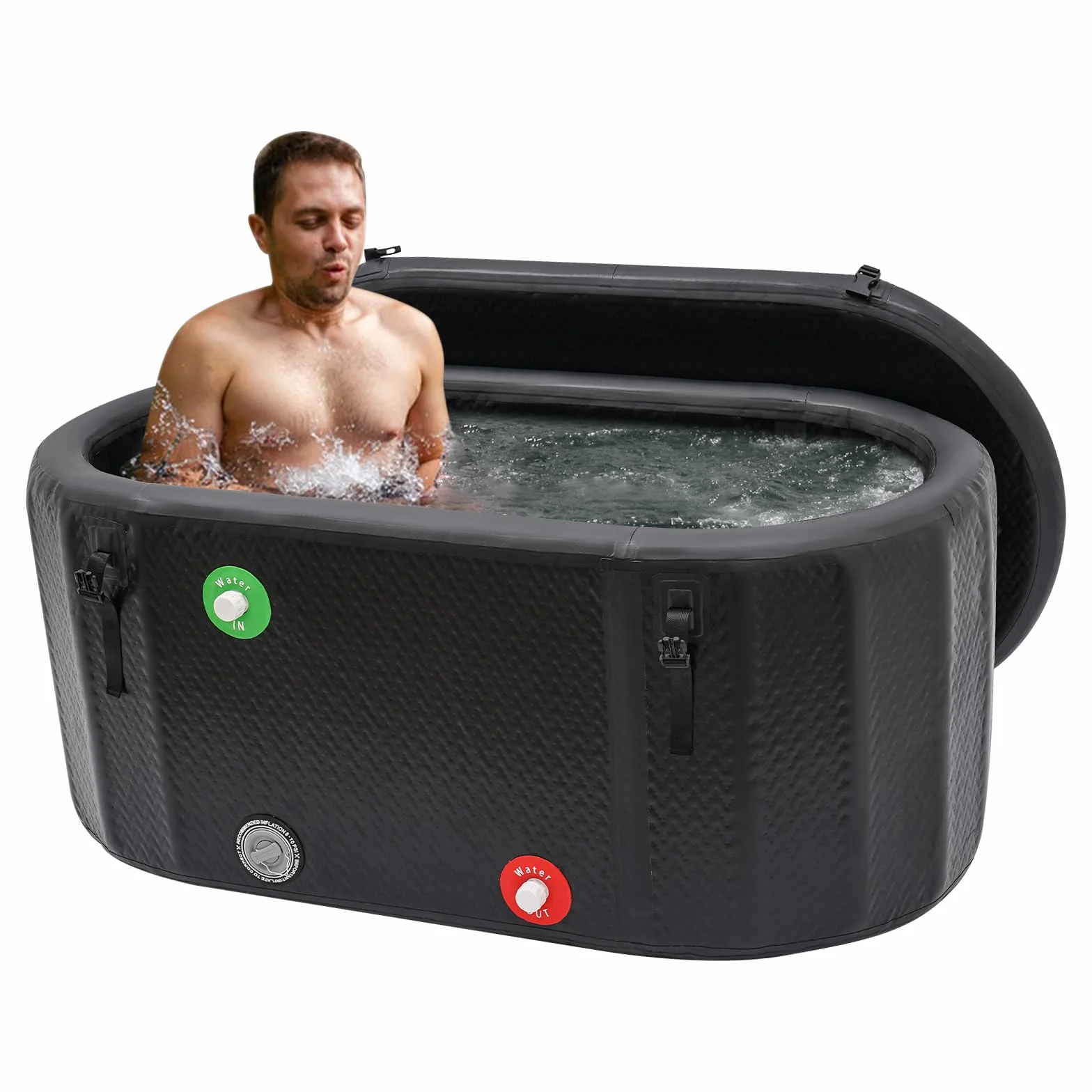 Bagno di ghiaccio gonfiabile, 150 x 80 x 67 cm, 370 l, vasca da bagno di recupero atleti con pompa elettrica, PVC e gomma resistente, valvola di riempimento/risciacquo, coperchio isolante 8 cm