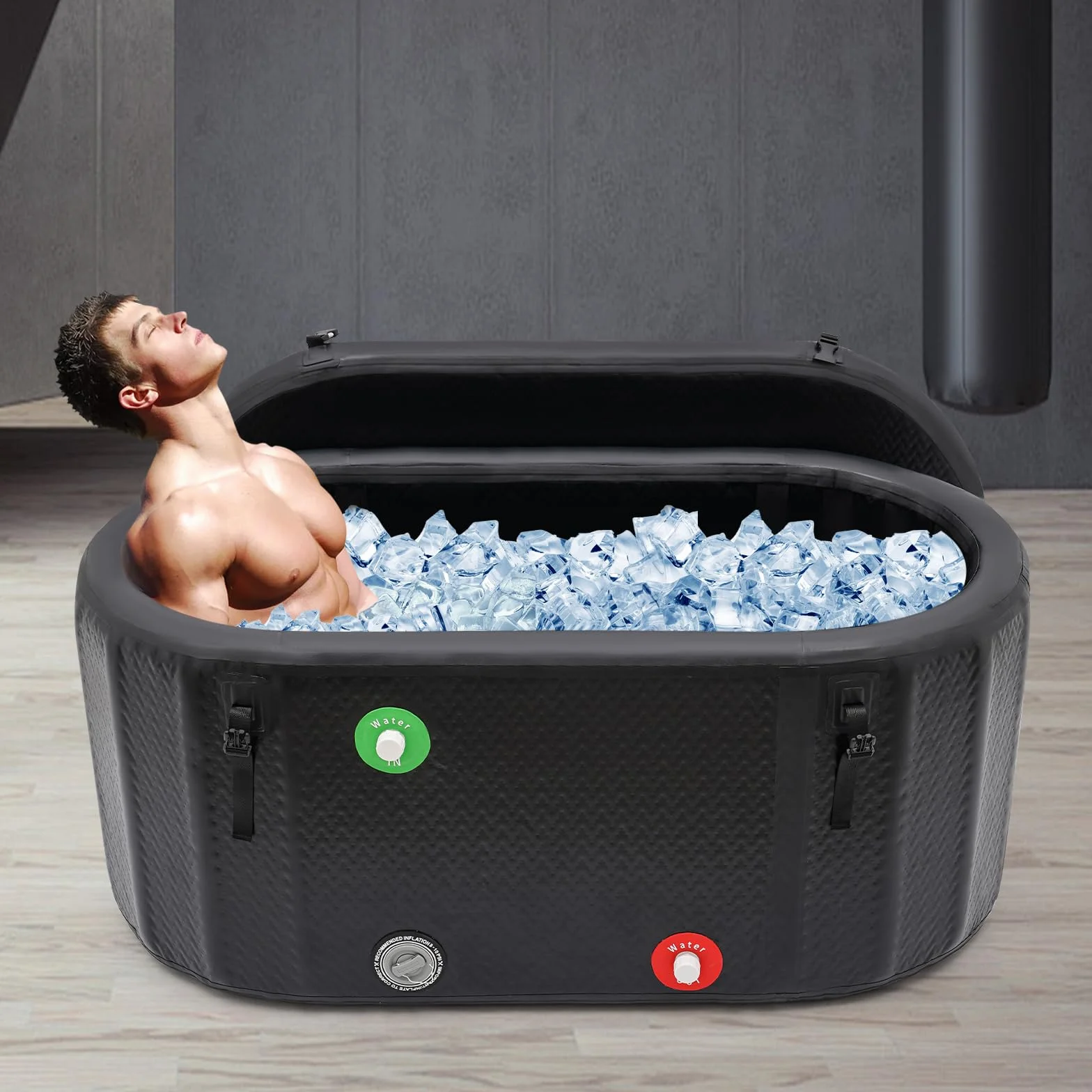 Bagno di ghiaccio gonfiabile, 150 x 80 x 67 cm, 370 l, vasca da bagno di recupero atleti con pompa elettrica, PVC e gomma resistente, valvola di riempimento/risciacquo, coperchio isolante 8 cm