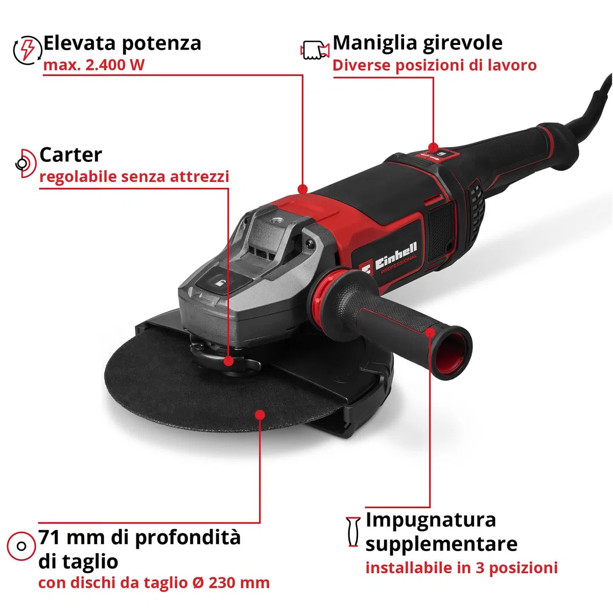 Einhell Professional TP-AG 230/2400, smerigliatrice angolare (2400 W, disco Ø 230 mm, profondità di taglio 71 mm, impugnatura girevole, antivibrazione, protezione da taglio, senza disco da taglio)