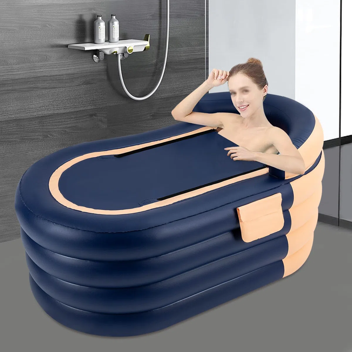 Vasca da bagno gonfiabile in PVC portatile con pompa ad aria elettrica, bagno di ghiaccio con copertura e pompa per adulti fino a 180 cm, 140 x 74 x 84 cm (arancione, blu)