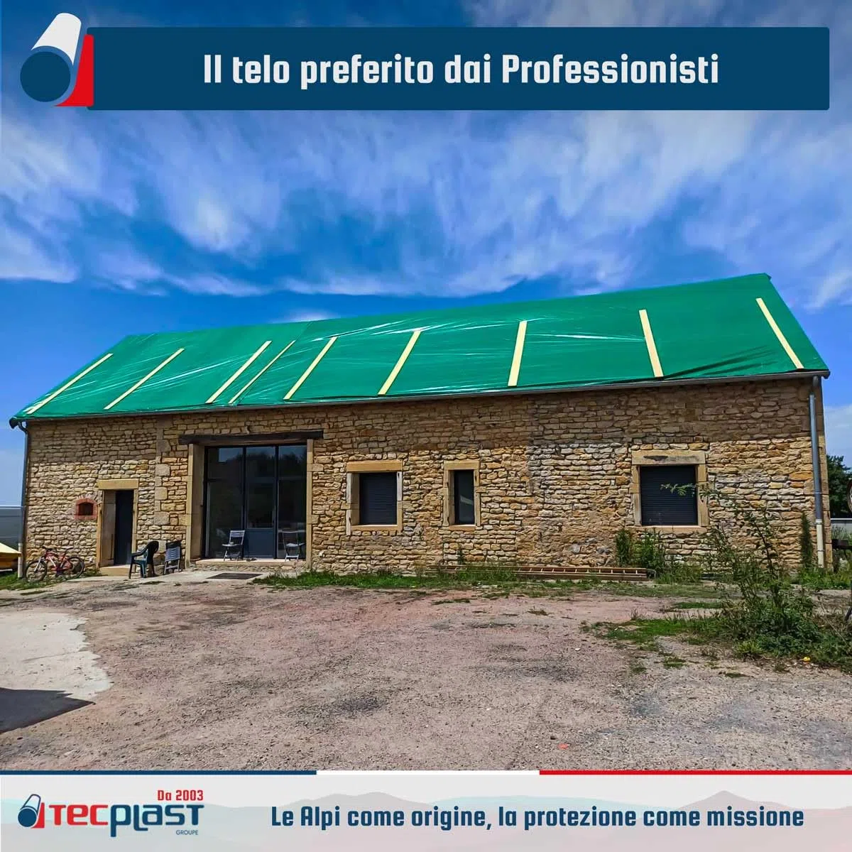 Telo per Tetto 6x8 m - TECPLAST - HQ250TO - Verde e Marrone - Alte Prestazioni - Telone Impermeabile per Conciatetti e Carpentieri