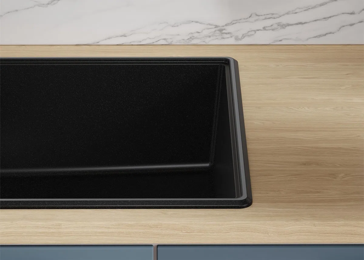 PRIMAGRAN Lavandino da Cucina Tutto Nero 78x50cm, Lavello in Granito a 1 vasca + Rubinetto 40x20cm + Set di accessori, Lavabo da Cucina Incasso al Mobile 45cm - Copenhagen Top S302