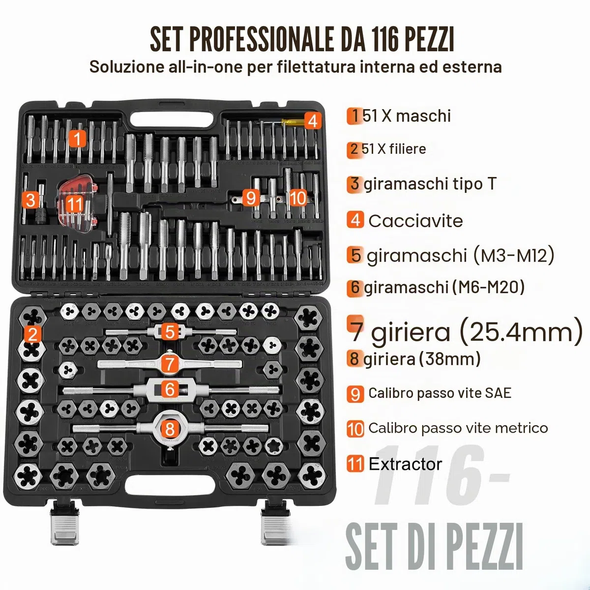 VEVOR Set di Filiere Maschi Utensili per Filettatura SAE 116 Pezzi in Totale, Set per Rubinetti Matrici in Lega di Zinco Utensili per Filettature in Valigetta Portatile, Set di Rubinetti Chiavi 116 Pz