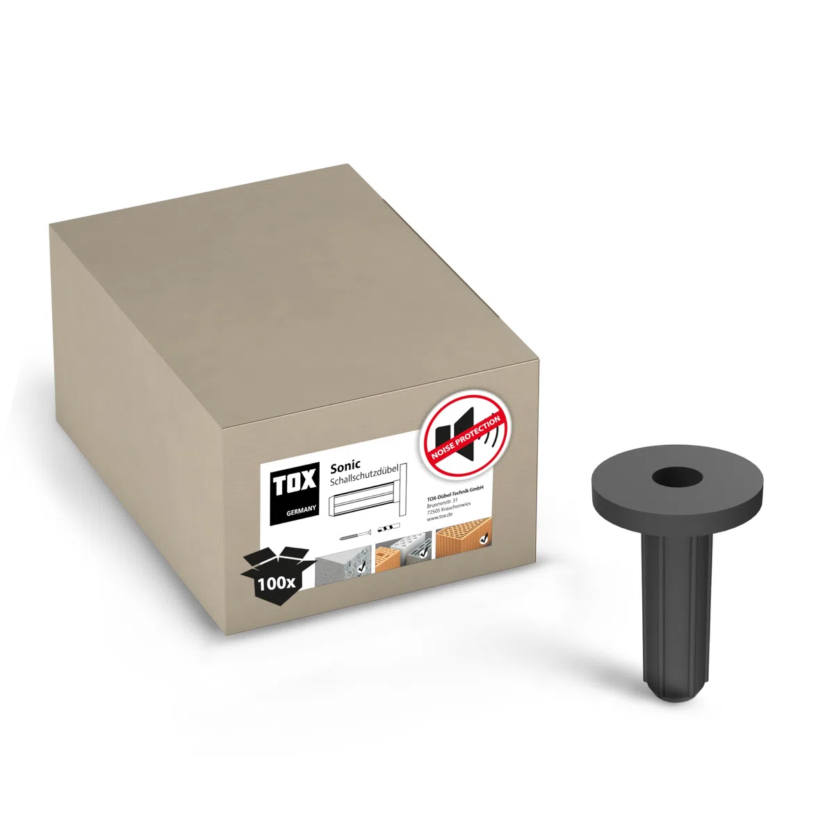 TOX tasselli per isolamento acustico con collare Sonic KB 12/40, tasselli per isolamento acustico con rivestimento in gomma, per sottostrutture e costruzioni fonoisolanti, 100 pezzi, 018100122