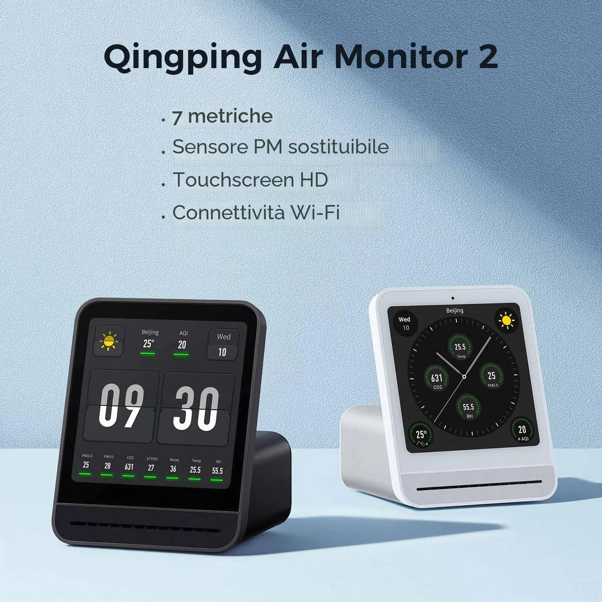 Qingping Monitor di Qualità dell'aria 2, Rilevatore di Qualità dell'Aria Interno, PM2.5, CO2, PM10, Rumore, Temperatura, Umidità, Nuova Funzione Sveglia, Tester di Qualità dell'Aria Intelligente