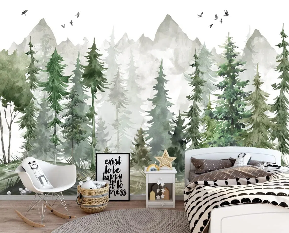 Carta Da Parati Moderna 310X250（Larghezza x Altezza） Acquerello Pine Tree Mountain Fotomurali Moda Decorazione da Muro XXL Poster Gigante Design Carta per pareti