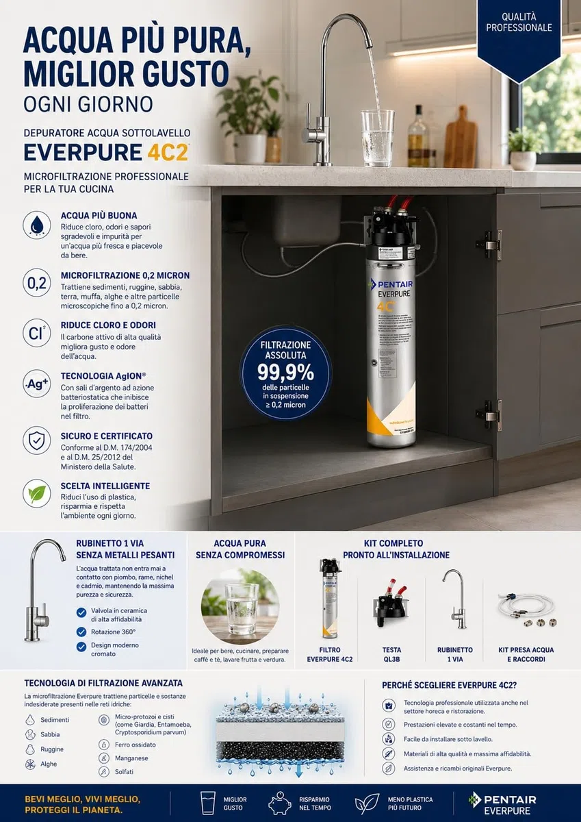 Depuratore Acqua Everpure 4C2 0,2 Micron con Rubinetto 1 Via