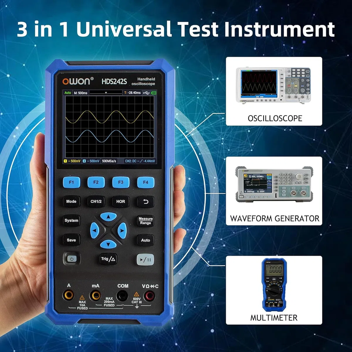 OWON HDS242S Oscilloscopio 3 in 1 Oscilloscopio per PC portatile professionale da 40 MHz, multimetro digitale da 20000 conteggi Display LCD da 3,5 pollici Strumento di test universale