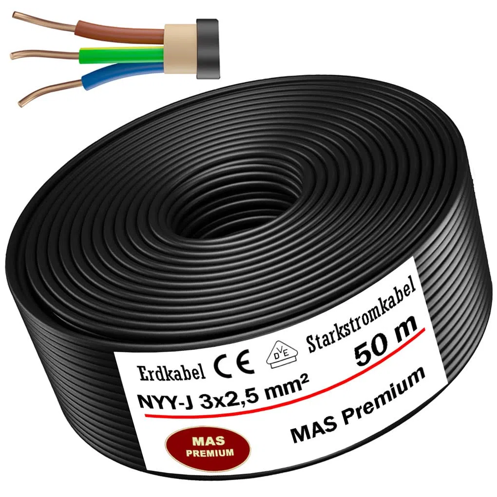 MAS-Premium cavo elettrico di marca tedesca per posa interrata e uso esterno, cavo di alimentazione standard (NYY-J 3 x 2,5 mm², 50 m)