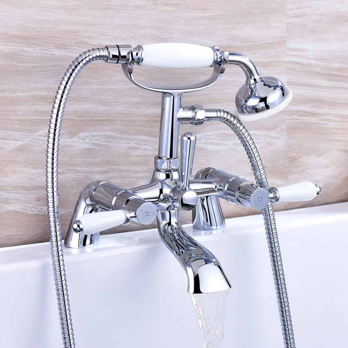 ENKI, Downton, BT0508 - Miscelatore per vasca da bagno e doccia, con leve in ceramica bianca, cromato