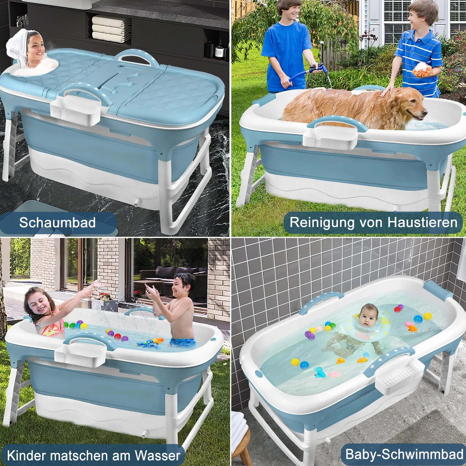 Vasca da bagno pieghevole, 118 x 60 x 53 cm, blu, pieghevole, con copertura rimovibile, poggiatesta, maniglia, struttura, vasca da bagno in plastica per adulti, bambini, animali domestici