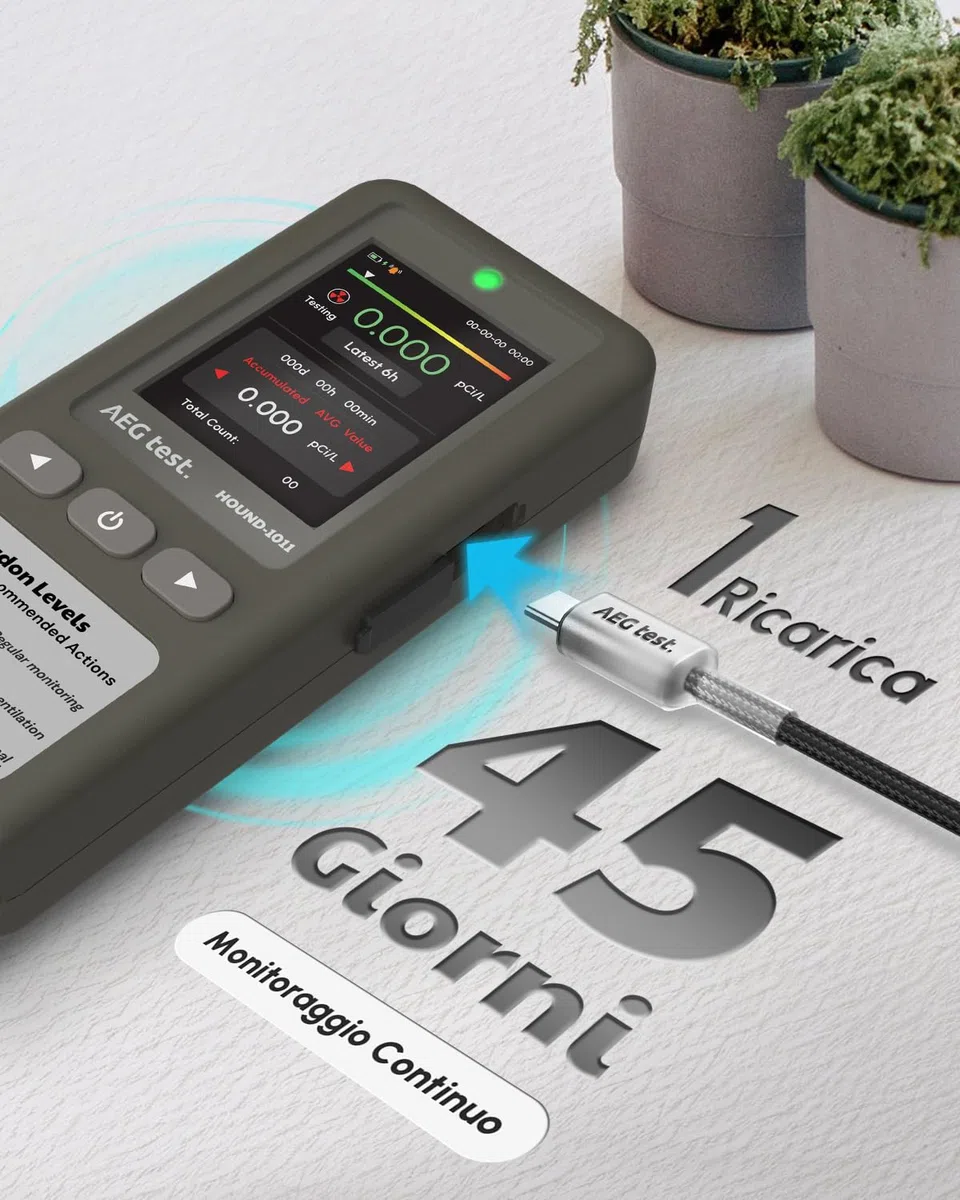HOUND-1011 Rilevatore radon portatile per casa, leggero, sensore ad alta precisione, 45 giorni, facile da usare, per misurazioni brevi e lunghe in pCi/L o Bq/m³, per seminterrato – Grigio