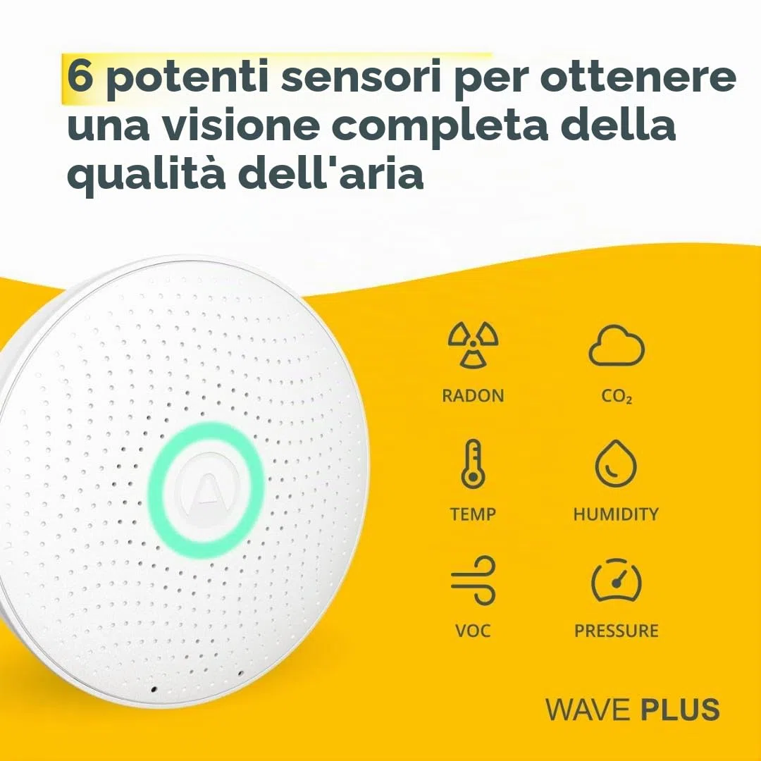 Airthings 2930 Wave Plus: Monitor per il radon e la qualità dell'aria con rilevatore di CO2, COV, pressione atmosferica, umidità e temperatura, Bianco