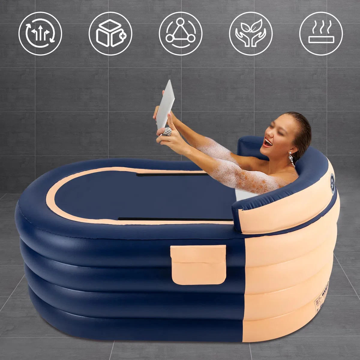 Vasca da bagno gonfiabile in PVC portatile con pompa ad aria elettrica, bagno di ghiaccio con copertura e pompa per adulti fino a 180 cm, 140 x 74 x 84 cm (arancione, blu)