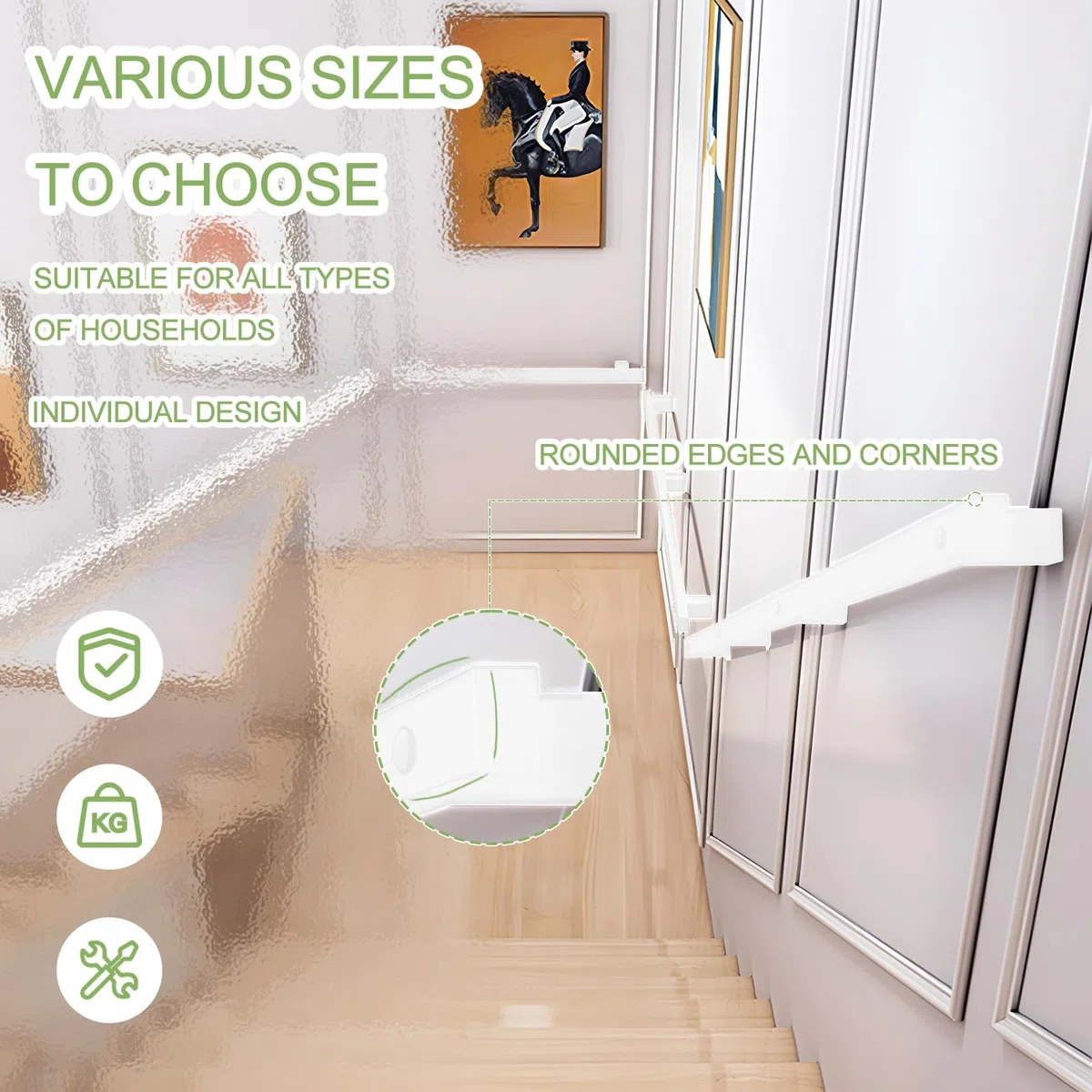 Corrimano Bianco per Scale Interne, Corrimano per Ringhiera per Scale Quadrate in Metallo, Kit Ringhiera per Ringhiera con Staffe in Ferro battuto e Viti in Metallo(200cm)