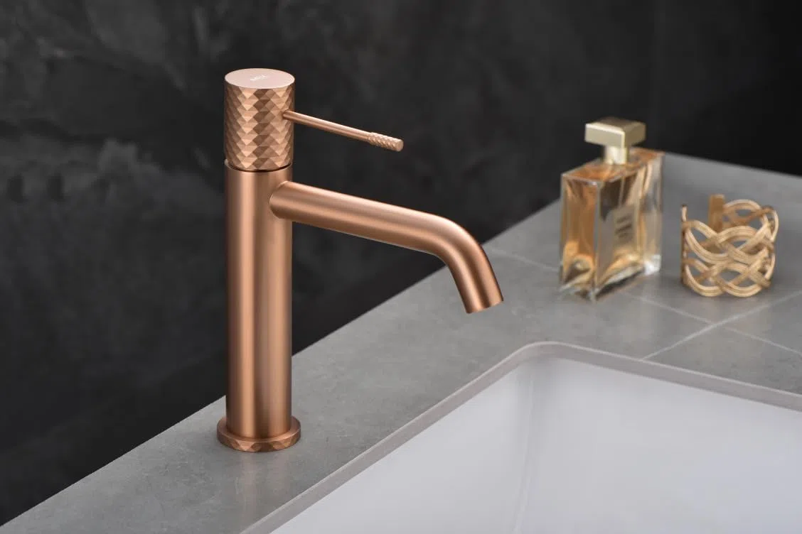 MICE BDG053-1ORC - Rubinetto monocomando per lavabo con tecnologia Apertura a freddo per risparmio energetico in ottone - monocomando per lavabo - Rubinetto da bagno per acqua calda e fredda Oro rosa