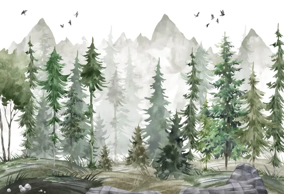 Carta Da Parati Moderna 310X250（Larghezza x Altezza） Acquerello Pine Tree Mountain Fotomurali Moda Decorazione da Muro XXL Poster Gigante Design Carta per pareti