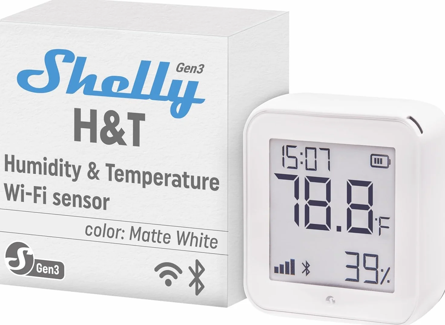 Shelly H&T Gen 3-2 sensori di temperatura e umidità Wi-Fi e Bluetooth, automazione domestica, nessun hub necessario, lunga durata della batteria, montaggio a parete