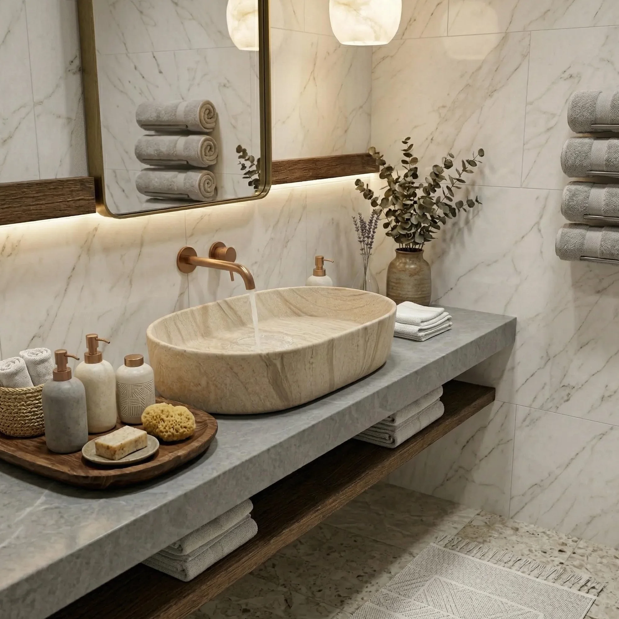 Rea - Lavabo da appoggio Nadia 60 Ovale - Ceramiche Sanitarie - Beige, Pietra Artificiale - 61 x 38,5 x 12 cm