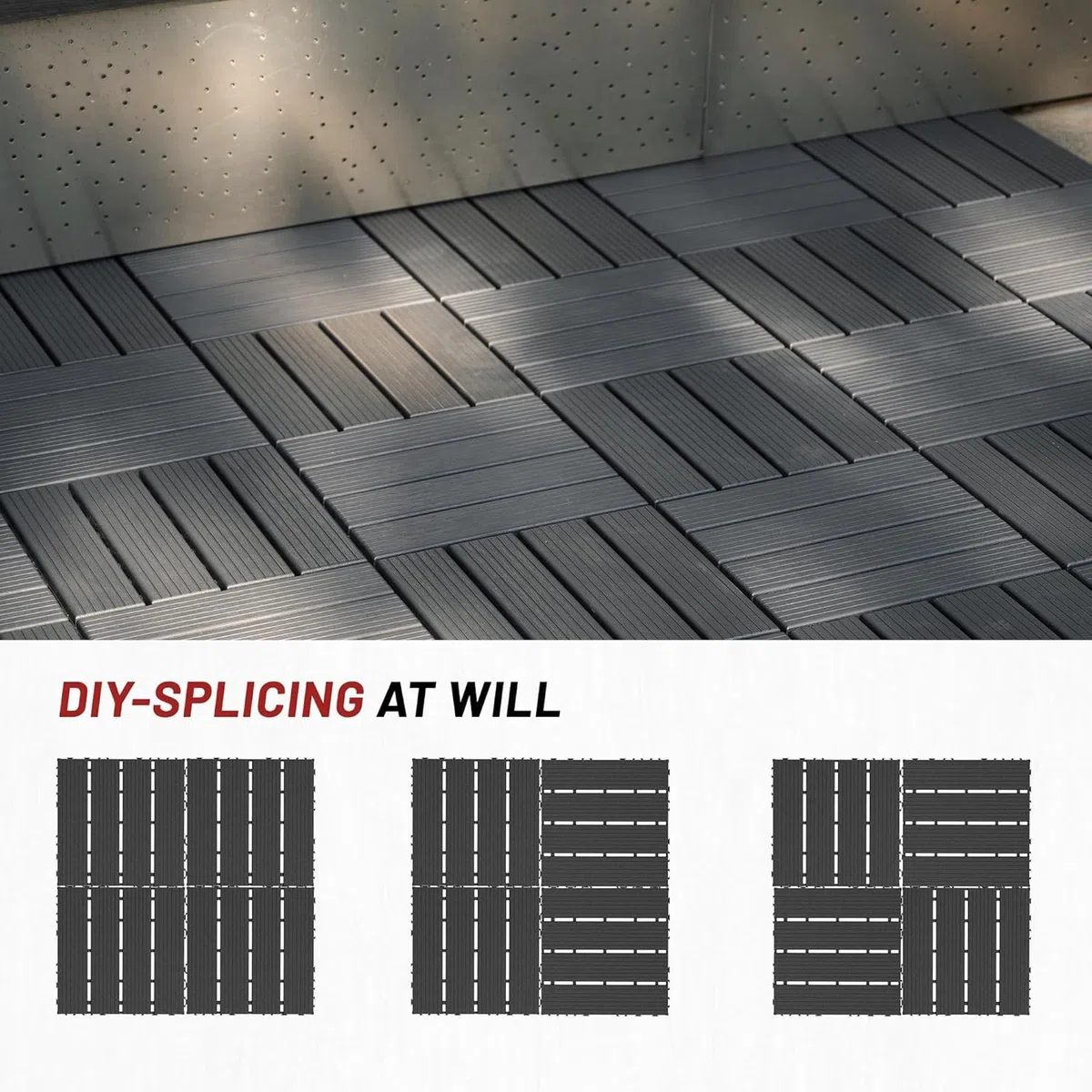 Confezione da 44 Piastrelle per Pavimentazione Esterna Ad Incastro - 30x30 Cm, Impermeabili, Ideali per Balconi, Verande, Giardini E Bordi Piscina - Superficie Dark Grey Texture