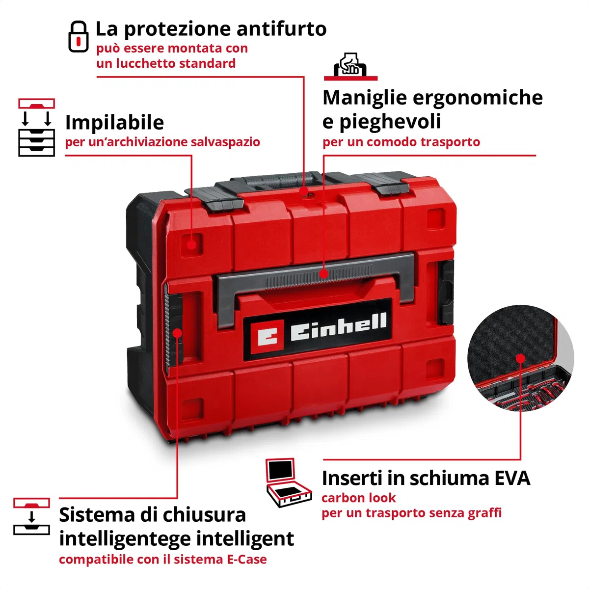 Einhell E-CASE originale da 80 pezzi (set di utensili di alta qualità in una robusta valigetta di plastica impilabile, ideale come attrezzatura di base per la casa e l'officina)