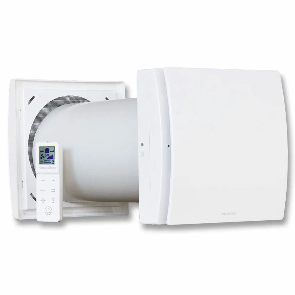Aerauliqa 004388 Quantum Next 100 - Unità di VMC Decentralizzata a Flusso Alternato, con Recupero di Calore, Super Silenziosa, con Telecomando Multifunzione, Bianco, Diametro 100 mm | Telecomando con display, sensore di umidità, silenzioso. Diam.110mm