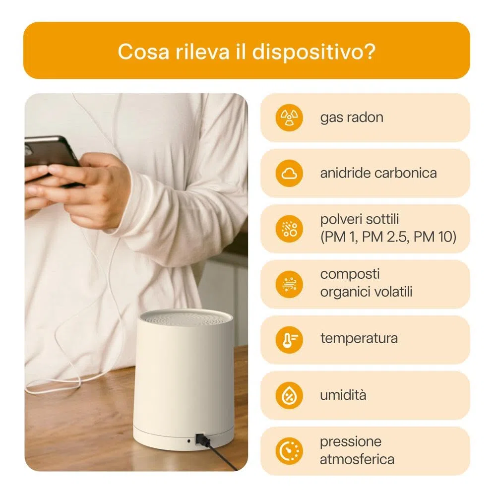 Radoff Sense- Air Quality Monitor, Misuratore Radon e Umidità Ambiente con Rilevatore CO2 COV PM, Sensore Temperatura Wifi e Pressione Atmosferica, Compatibile con Alexa, Integrazione Completa a Breve