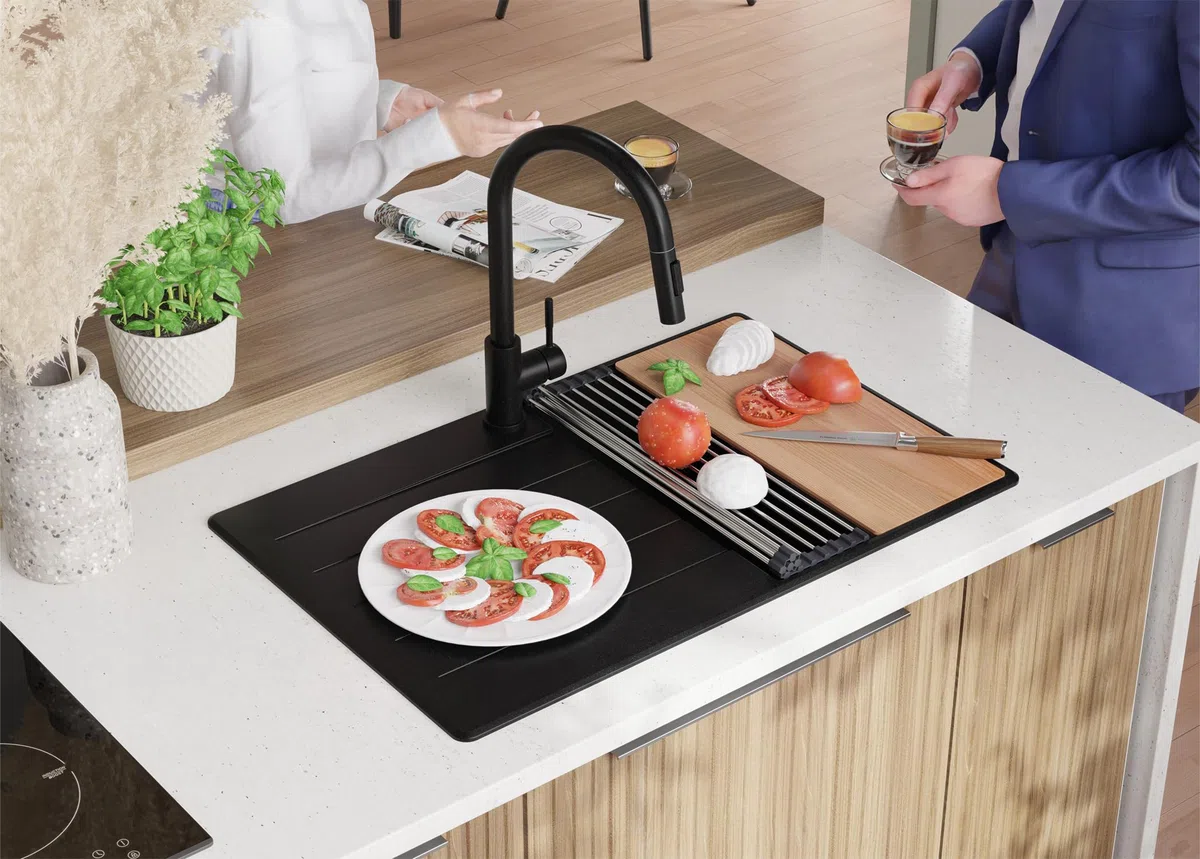 PRIMAGRAN Lavandino da Cucina Tutto Nero 78x50cm, Lavello in Granito a 1 vasca + Rubinetto 40x20cm + Set di accessori, Lavabo da Cucina Incasso al Mobile 45cm - Copenhagen Top S302