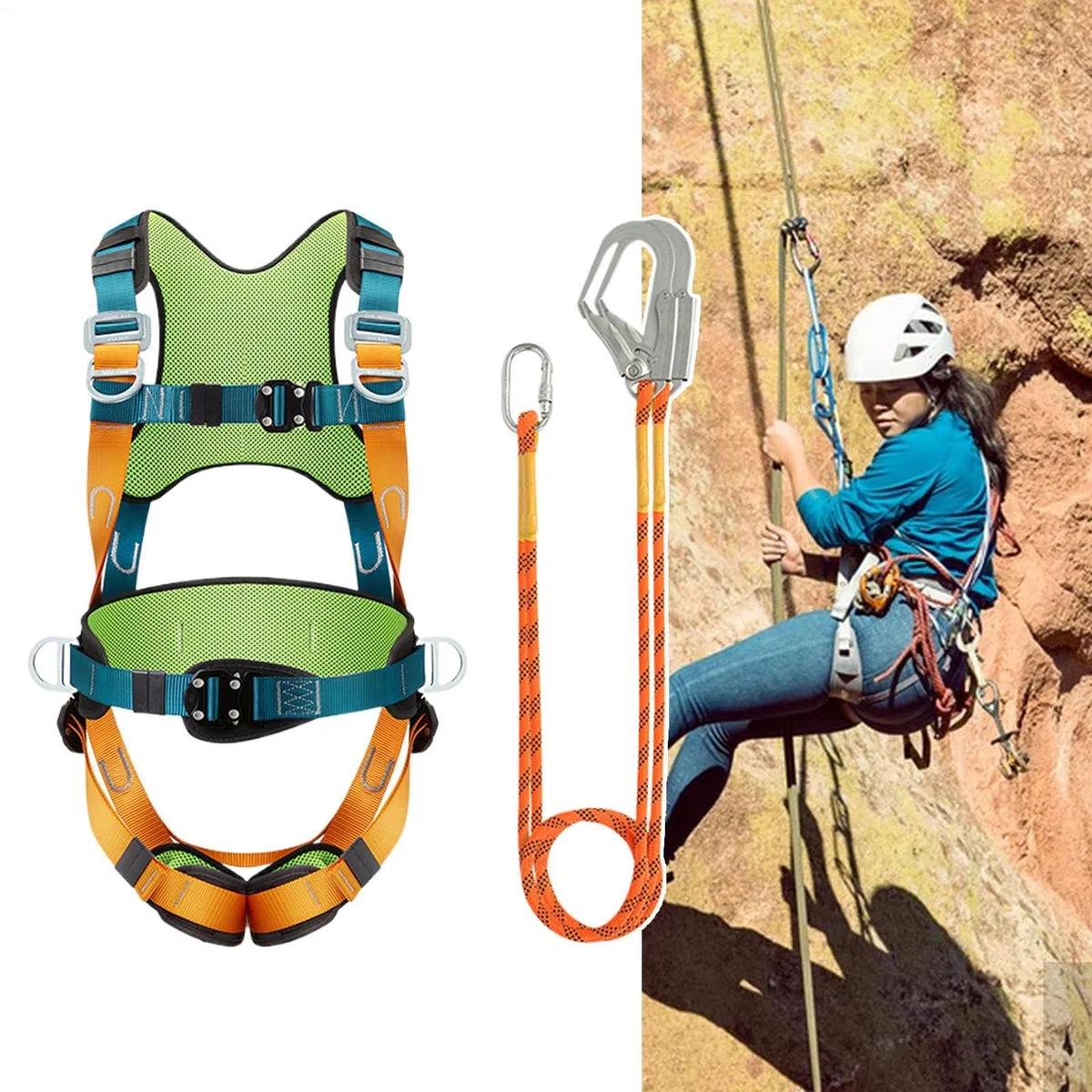 Imbracature Di Sicurezza Anticaduta - Equipaggio di Sicurezza Full Body - Corda Anticaduta con Ammortizzatore, Cintura di Supporto con Imbottitura Comfort, Attrezzatura per Arrampicata, Escursionismo