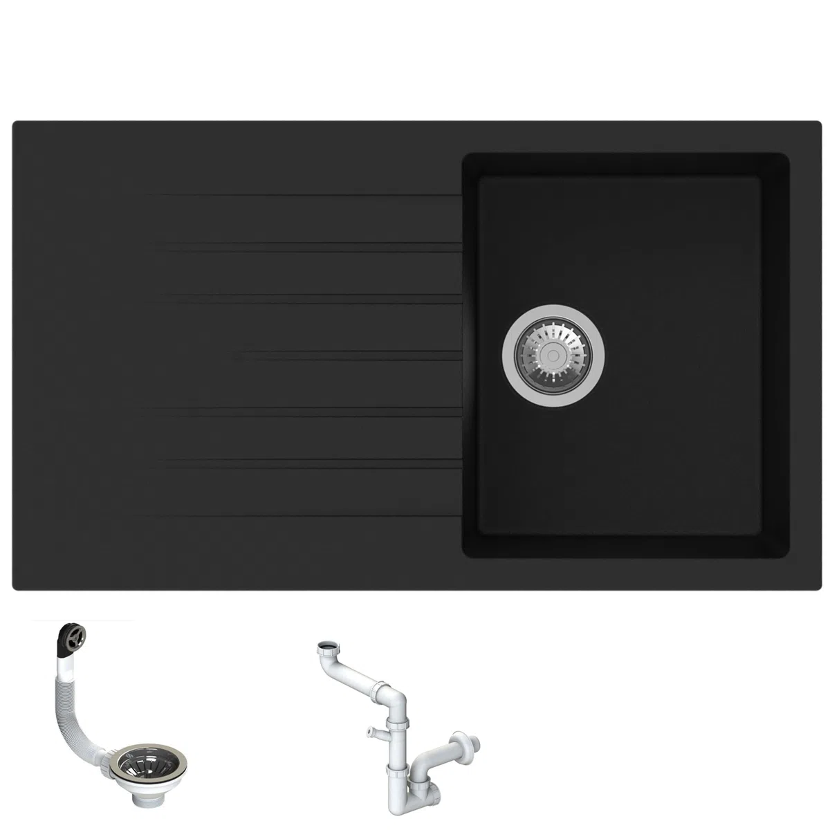 Lavello da Incasso PTPL861GB, 86x50 cm, 1 Vasca con Gocciolatoio, Granito Nero