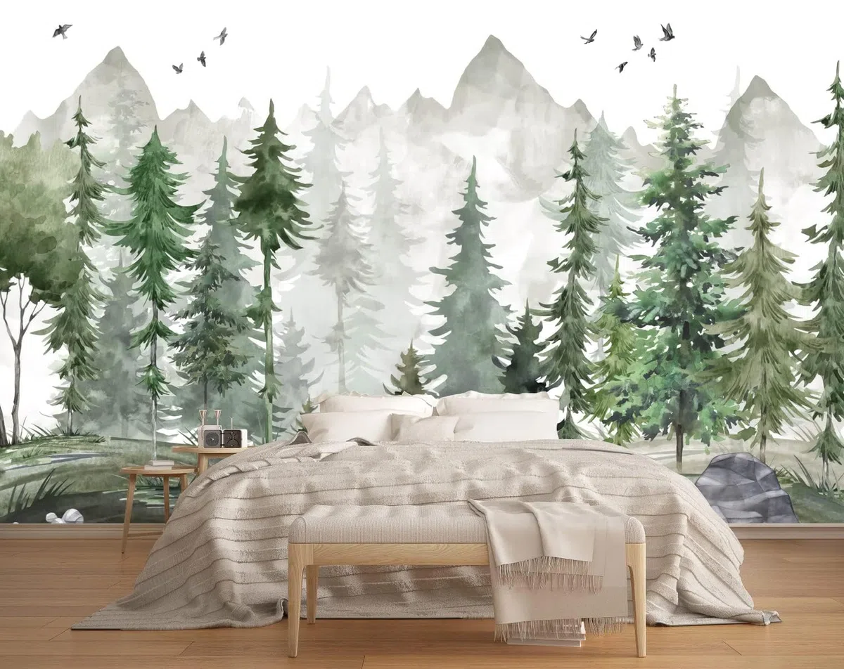 Carta Da Parati Moderna 310X250（Larghezza x Altezza） Acquerello Pine Tree Mountain Fotomurali Moda Decorazione da Muro XXL Poster Gigante Design Carta per pareti