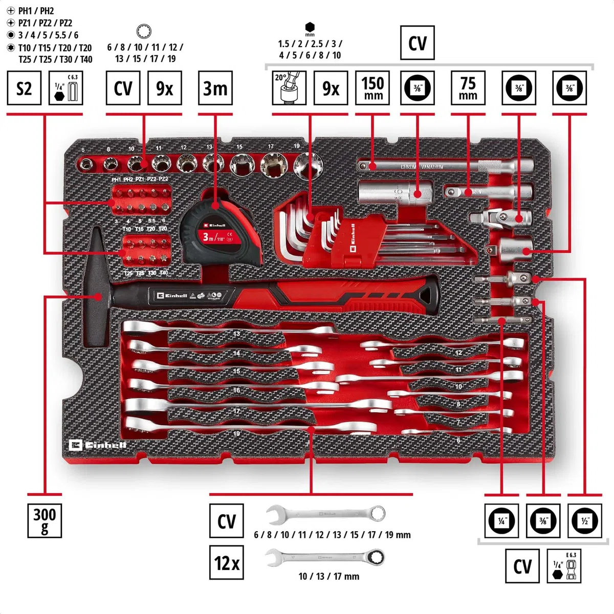Einhell E-CASE originale da 80 pezzi (set di utensili di alta qualità in una robusta valigetta di plastica impilabile, ideale come attrezzatura di base per la casa e l'officina)