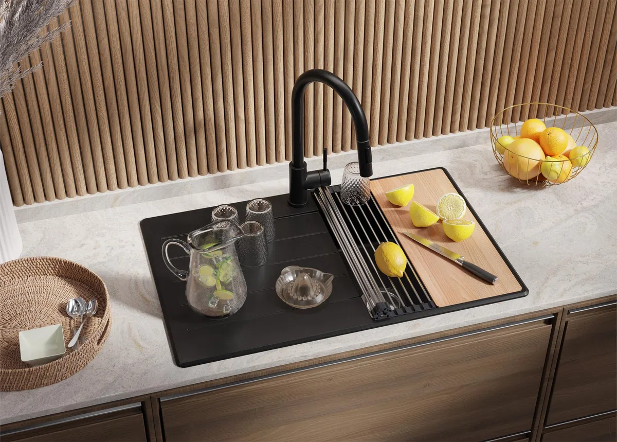 PRIMAGRAN Lavandino da Cucina Tutto Nero 78x50cm, Lavello in Granito a 1 vasca + Rubinetto 40x20cm + Set di accessori, Lavabo da Cucina Incasso al Mobile 45cm - Copenhagen Top S302