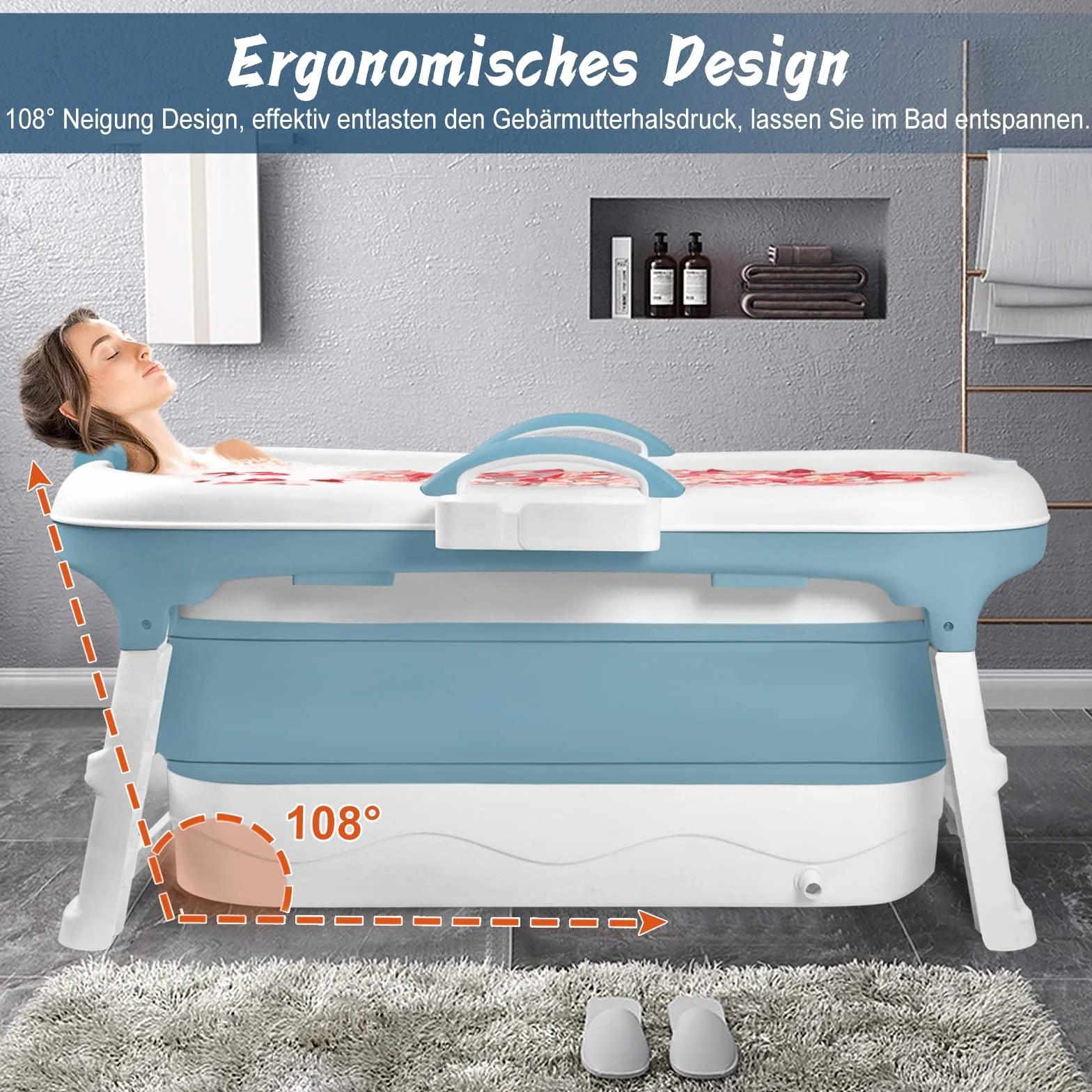 Vasca da bagno pieghevole, 118 x 60 x 53 cm, blu, pieghevole, con copertura rimovibile, poggiatesta, maniglia, struttura, vasca da bagno in plastica per adulti, bambini, animali domestici