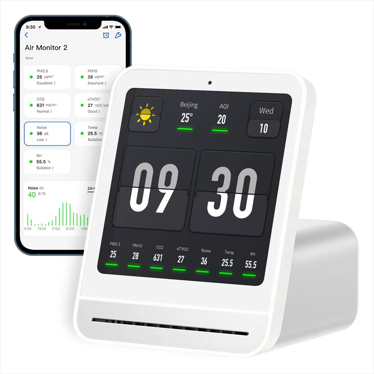 Qingping Monitor di Qualità dell'aria 2, Rilevatore di Qualità dell'Aria Interno, PM2.5, CO2, PM10, Rumore, Temperatura, Umidità, Nuova Funzione Sveglia, Tester di Qualità dell'Aria Intelligente