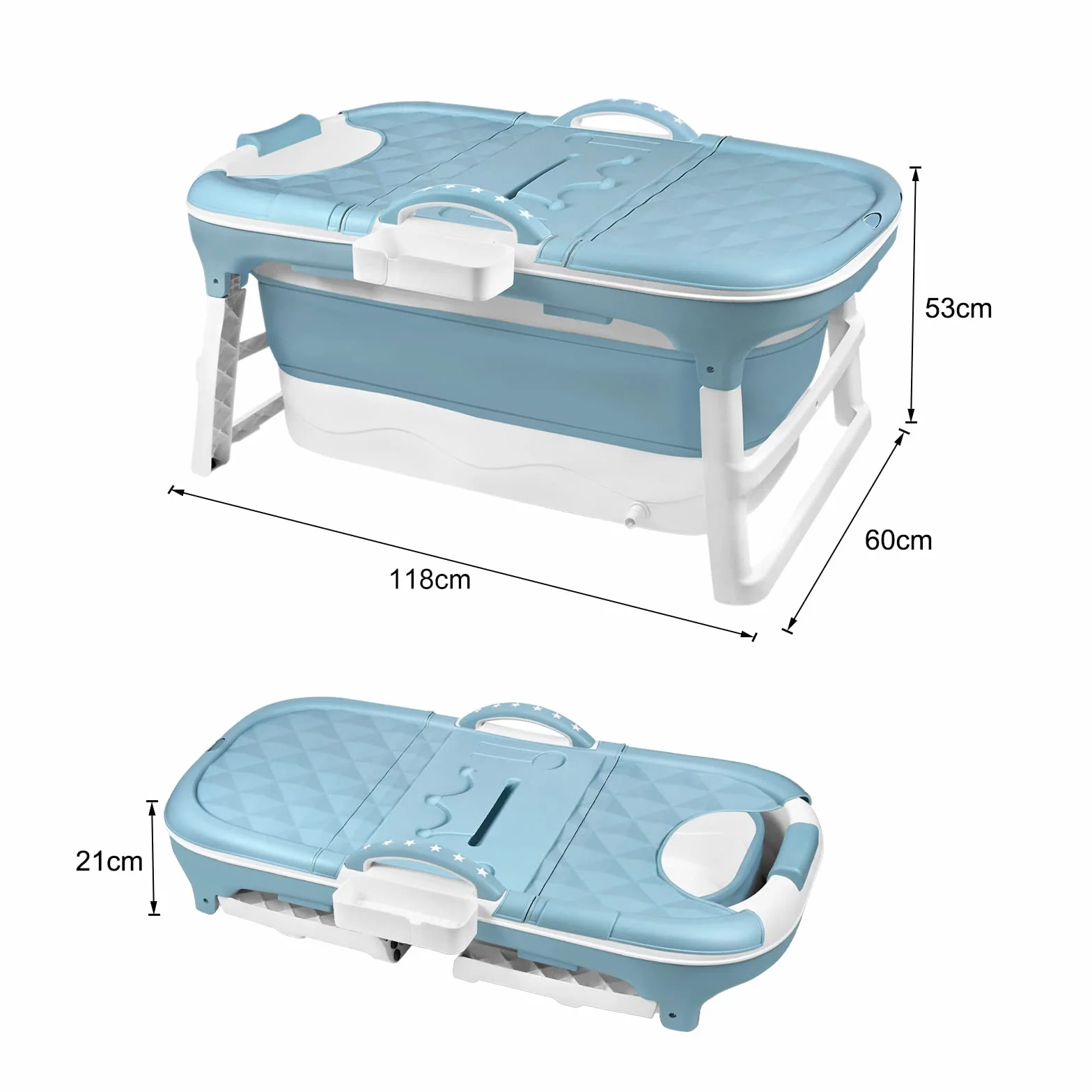 Vasca da bagno pieghevole, 118 x 60 x 53 cm, blu, pieghevole, con copertura rimovibile, poggiatesta, maniglia, struttura, vasca da bagno in plastica per adulti, bambini, animali domestici