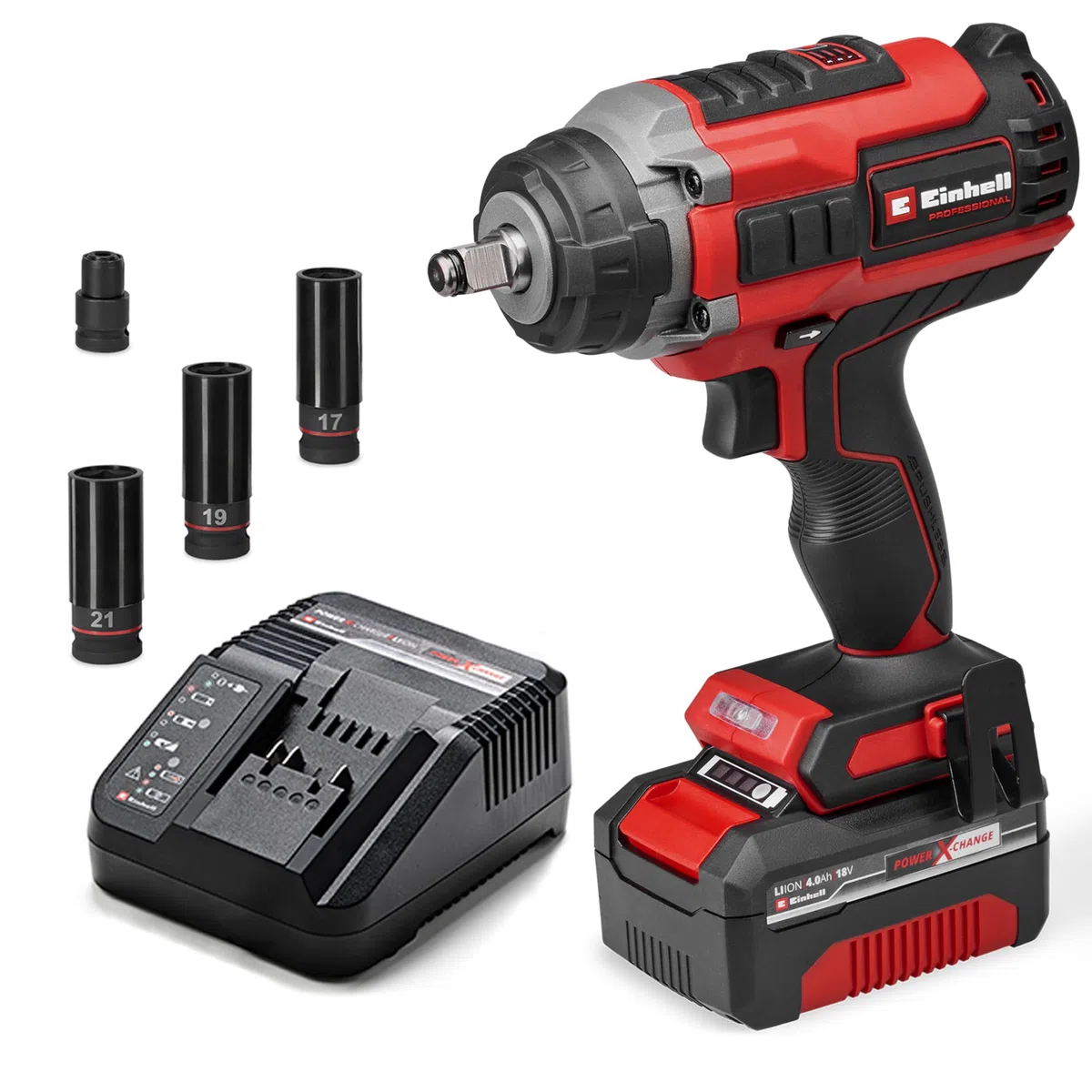 Einhell Professional Avvitatore a percussione IMPAXXO 18/450 (1x4,0Ah) Power X-Change (18 V, 450 Nm, brushless, attacco quadrato esterno, incl. batteria da 4 Ah, caricabatterie, set bussole)