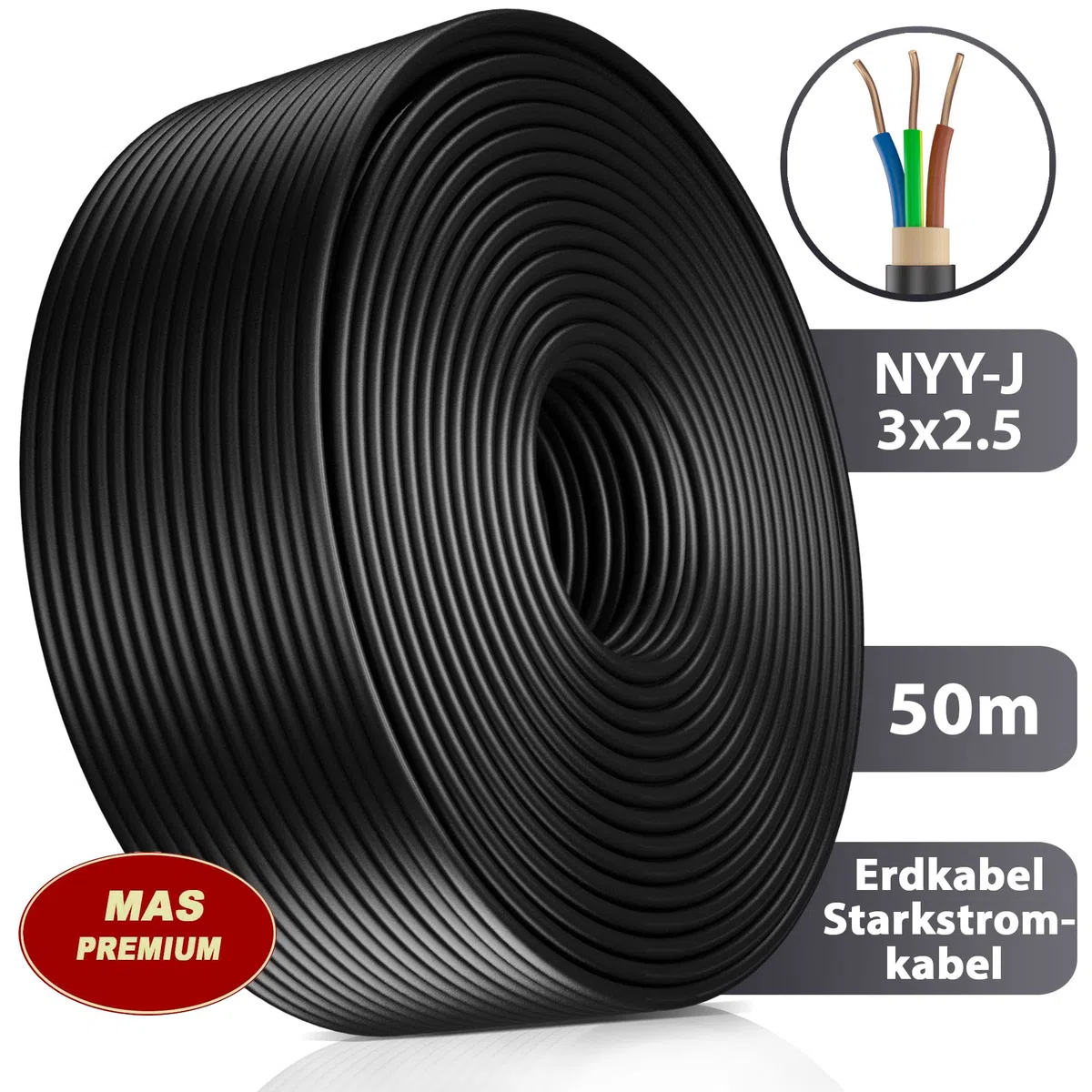 MAS-Premium cavo elettrico di marca tedesca per posa interrata e uso esterno, cavo di alimentazione standard (NYY-J 3 x 2,5 mm², 50 m)