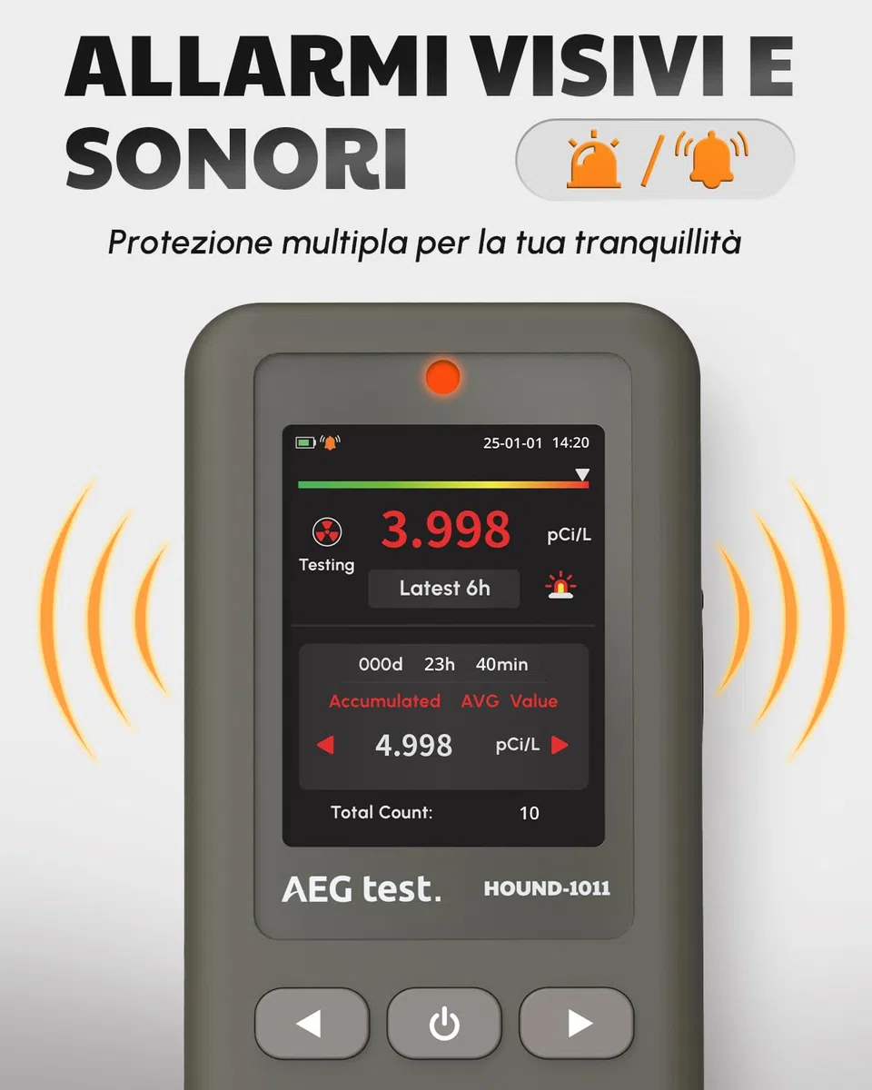 HOUND-1011 Rilevatore radon portatile per casa, leggero, sensore ad alta precisione, 45 giorni, facile da usare, per misurazioni brevi e lunghe in pCi/L o Bq/m³, per seminterrato – Grigio