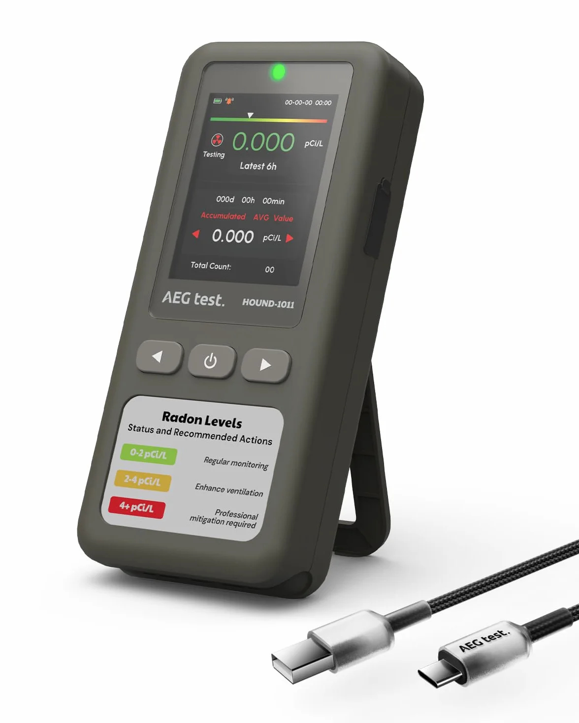 HOUND-1011 Rilevatore radon portatile per casa, leggero, sensore ad alta precisione, 45 giorni, facile da usare, per misurazioni brevi e lunghe in pCi/L o Bq/m³, per seminterrato – Grigio