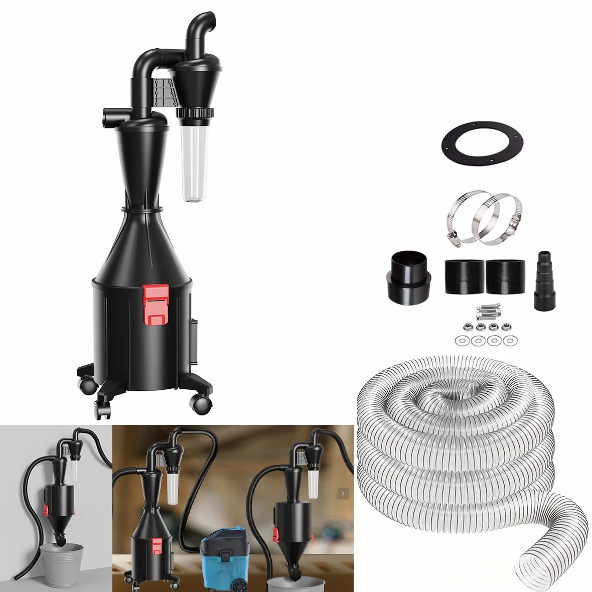 Filtro ciclone raccogli polvere 2 in 1, puede essere montato a parete o utilizzato come secchio con ruote, separatore multifunzionale per aspirapolvere a ciclone