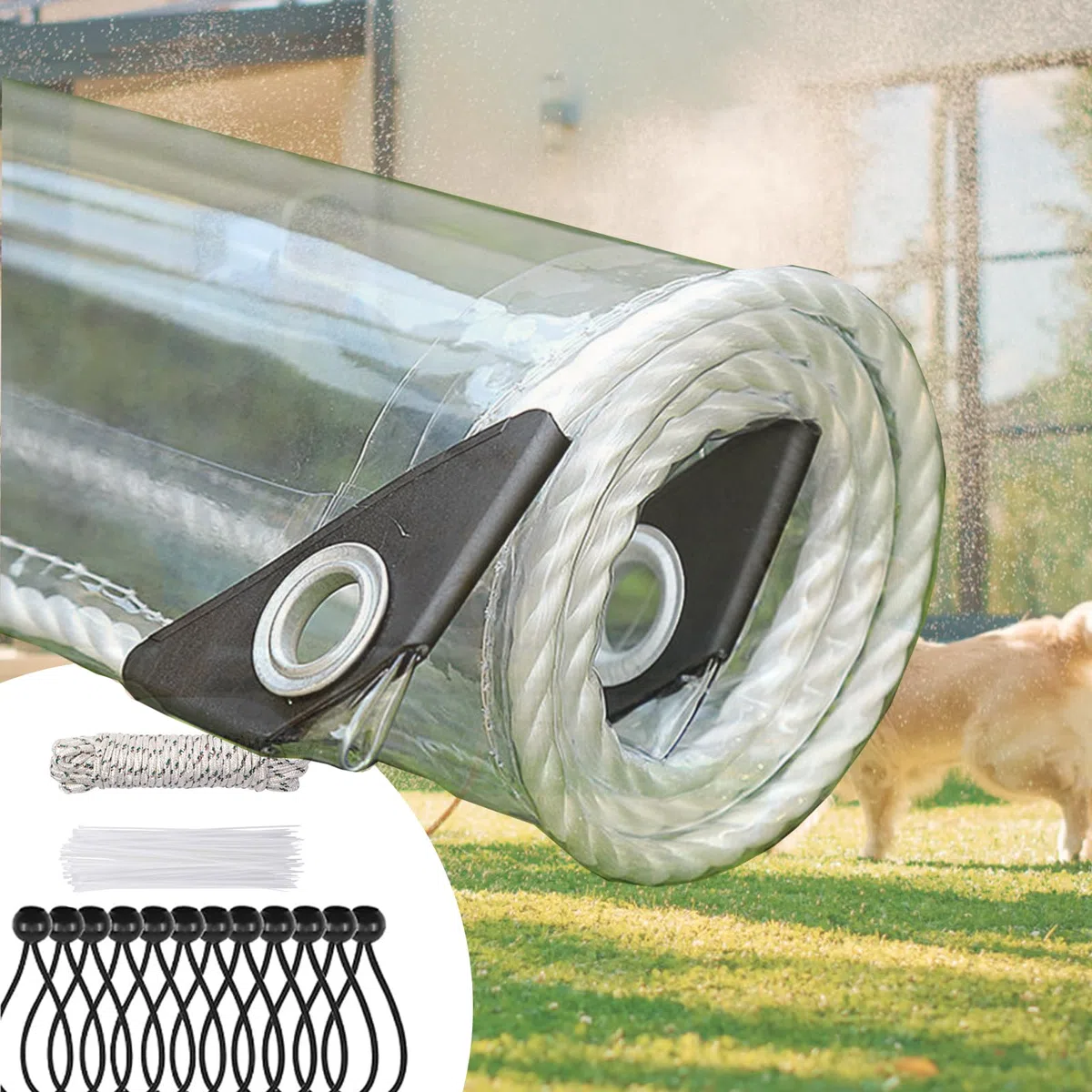 Jianyana Telone Impermeabile Per Esterno, 420 G/M PVC Telo Impermeabile Esterno Telone Trasparente Occhiellato Per Esterno Trasparente Multiuso Con Corda Da 10 M, Fascetta, Corda Elastica 4×6M