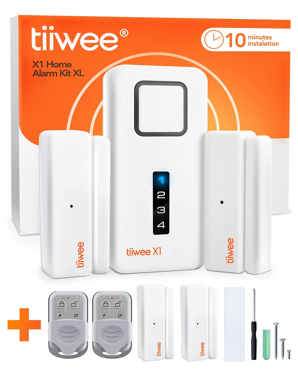 tiiwee Sistema di Allarme per Porte e Finestre - Sistema di Sicurezza con Potente Sirena, 4 Sensori per Porte e Finestre e 2 Telecomandi - Protezione Antieffrazione Casa, Appartamento, Garage
